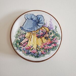 Holly Hobbie Handmade Cross Stitch In Wooden Hoop Size 6" Piece Wall Decor